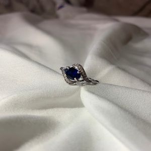 Silver banded, new Sapphire Ring, crystals inlaid